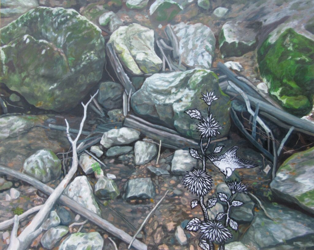 Krizantémok és énekesmadár, 2019, olaj, vászon, 120x150 cm